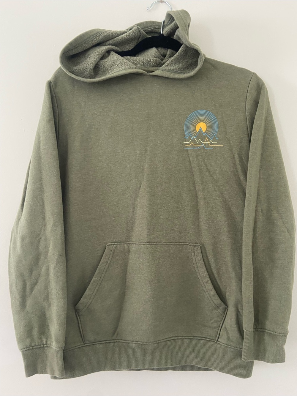Olive Green Boy’s Pullover Hoodie with Sunrise Mountain Graphic